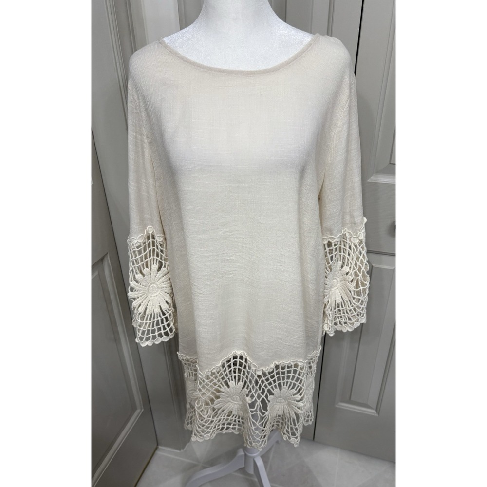 Indigo Soul Ivory Crochet Tunic Top XL Sheer Boho Keyhole Neck‎ Closure